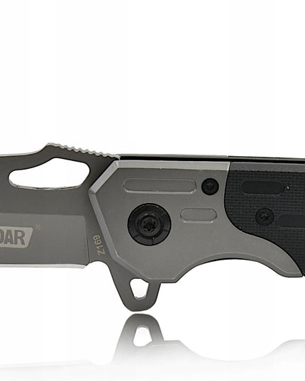 Taktinis gelbėjimo sulankstomas peilis su stiklo grūdintuvu