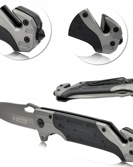 Taktinis gelbėjimo sulankstomas peilis su stiklo grūdintuvu