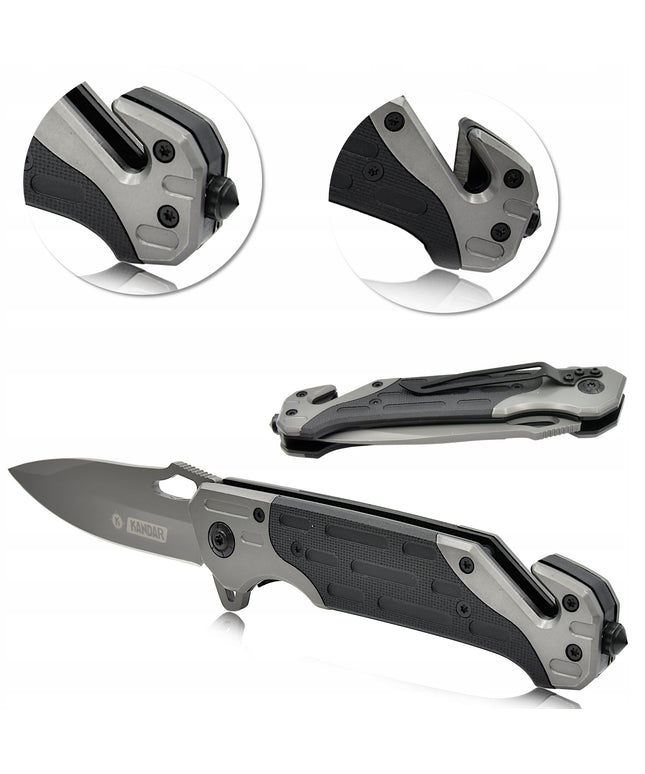 Taktinis gelbėjimo sulankstomas peilis su stiklo grūdintuvu