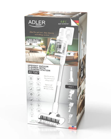 Belaidis vertikalusis rankinis dulkių siurblys „Adler Europe AD 7087“ su įkrovimo ir valymo stotele