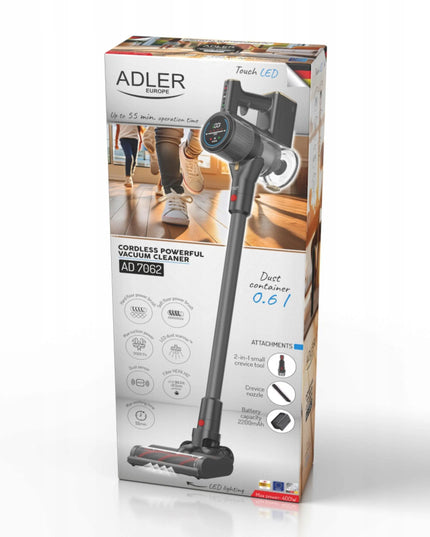 Belaidis vertikalusis dulkių siurblys Adler Europe AD 7062, 31 kPa, 400 W, HEPA, elektrinis šepetys su LED, rankinis