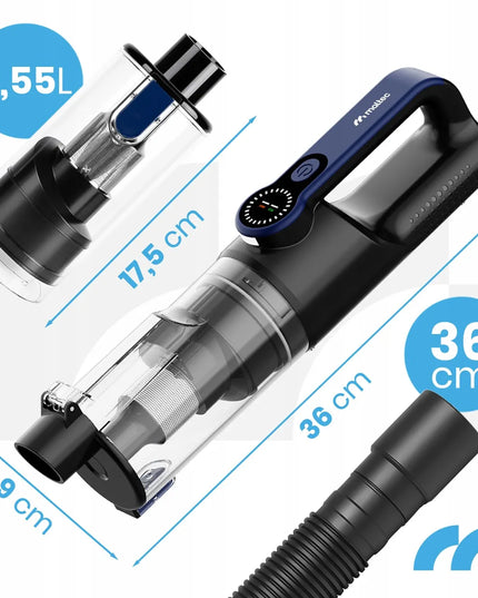 MalTec CYCLONE-150 belaidis rankinis dulkių siurblys ir pūstuvas, skirtas automobiliui, su priedais