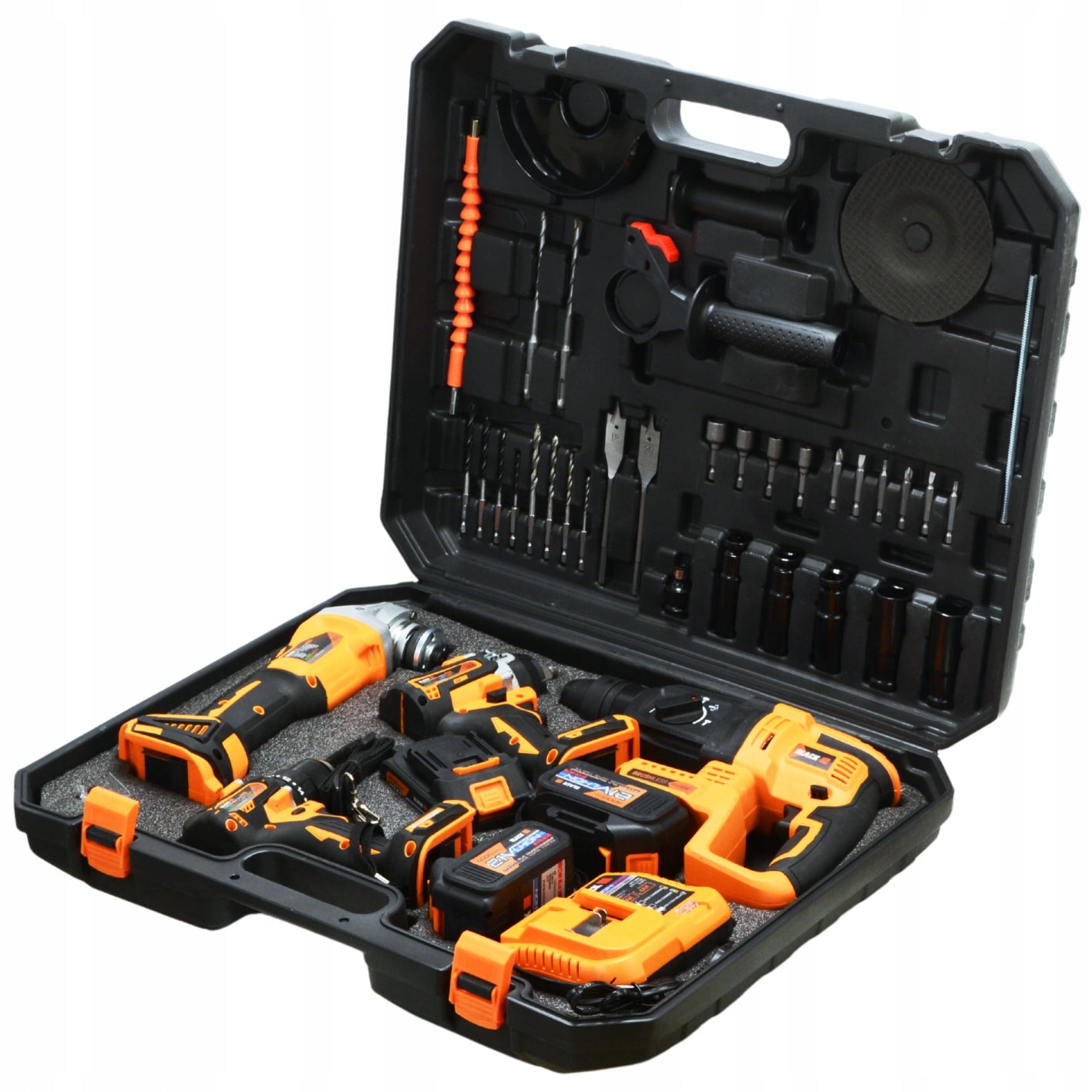 Didelis belaidžių įrankių rinkinys 3 x 4Ah 21V 4in1 Suktukas, Šlifuoklis, Gręžtuvas-atsuktuvas 3 akumuliatoriai