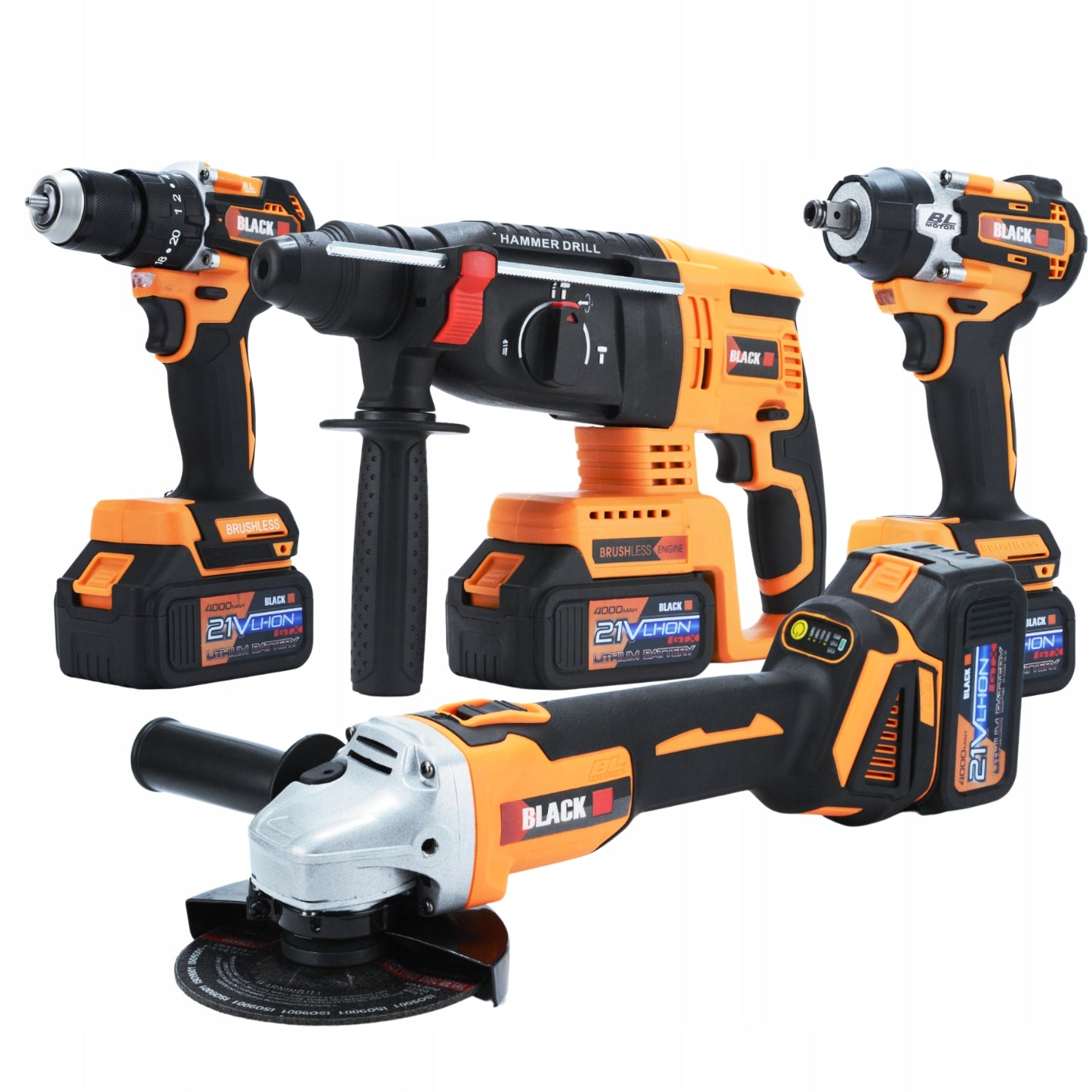 Didelis belaidžių įrankių rinkinys 3 x 4Ah 21V 4in1 Suktukas, Šlifuoklis, Gręžtuvas-atsuktuvas 3 akumuliatoriai