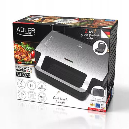 Sumuštinių keptuvė 2-viename Adler Europe 3073 skrudintuvas grilis panini su nepridegančia danga