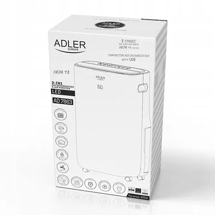 Automatinis oro sausintuvas Adler AD 7863 25l/24h 60m², drėgmės sugėriklis su laikmačiu ir filtrais