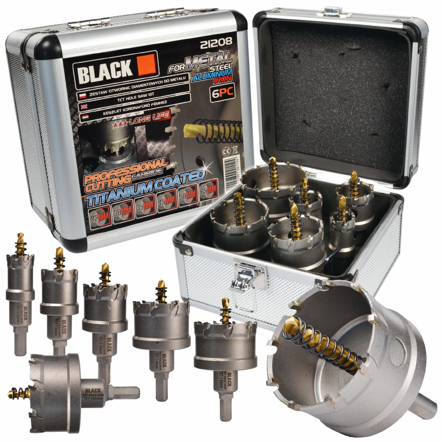 Karbidinės skylamušės / karūnos grąžtai metalui 22-65 mm 6 vnt. BLACK