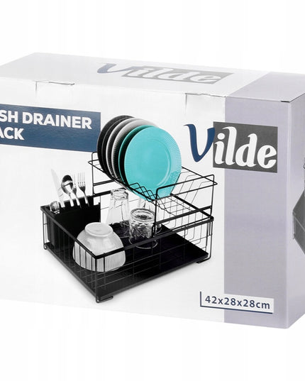 Indų džiovykla DIDELĖ DŽIOVYKLA indams, lėkštėms, stalo įrankiams 2 aukštų juoda metalinė XXL