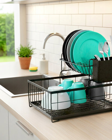 Indų džiovykla DIDELĖ DŽIOVYKLA indams, lėkštėms, stalo įrankiams 2 aukštų juoda metalinė XXL