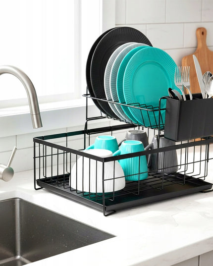 Indų džiovykla DIDELĖ DŽIOVYKLA indams, lėkštėms, stalo įrankiams 2 aukštų juoda metalinė XXL