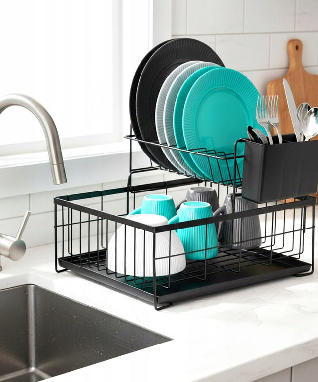 Indų džiovykla DIDELĖ DŽIOVYKLA indams, lėkštėms, stalo įrankiams 2 aukštų juoda metalinė XXL