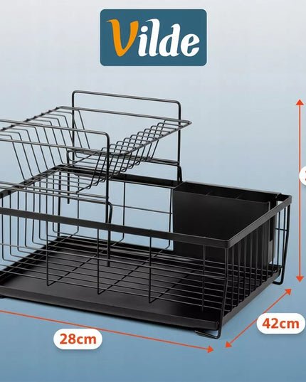 Indų džiovykla DIDELĖ DŽIOVYKLA indams, lėkštėms, stalo įrankiams 2 aukštų juoda metalinė XXL