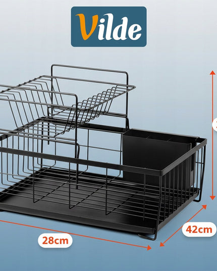 Indų džiovykla DIDELĖ DŽIOVYKLA indams, lėkštėms, stalo įrankiams 2 aukštų juoda metalinė XXL