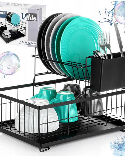 Indų džiovykla DIDELĖ DŽIOVYKLA indams, lėkštėms, stalo įrankiams 2 aukštų juoda metalinė XXL