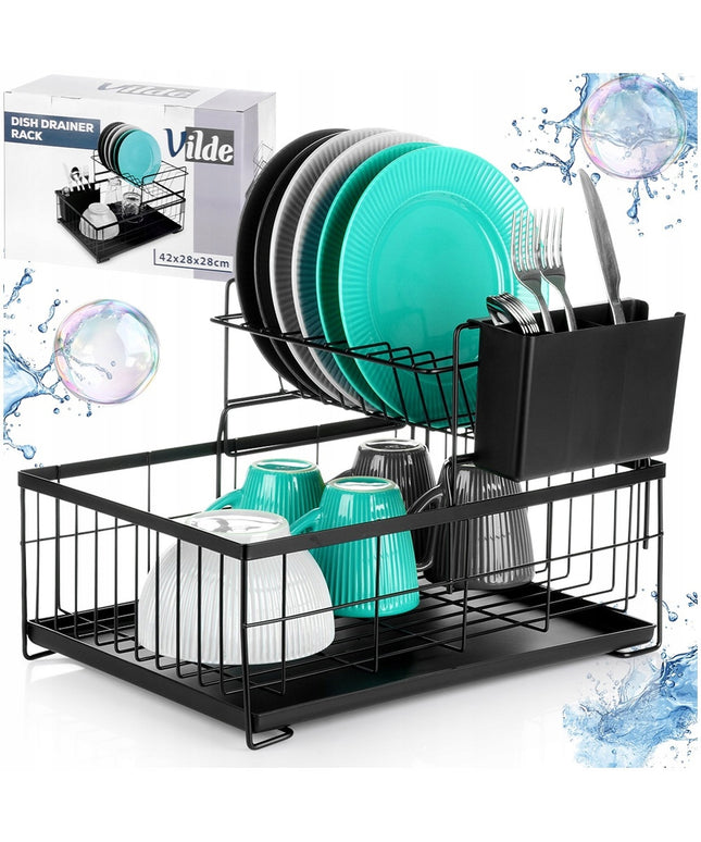 Indų džiovykla DIDELĖ DŽIOVYKLA indams, lėkštėms, stalo įrankiams 2 aukštų juoda metalinė XXL