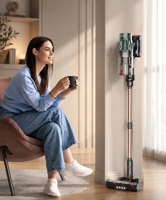 Laresar V7 PRO galingas geltonos ir auksinės spalvos vertikalusis dulkių siurblys su priedais