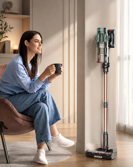 Laresar V7 PRO galingas geltonos ir auksinės spalvos vertikalusis dulkių siurblys su priedais