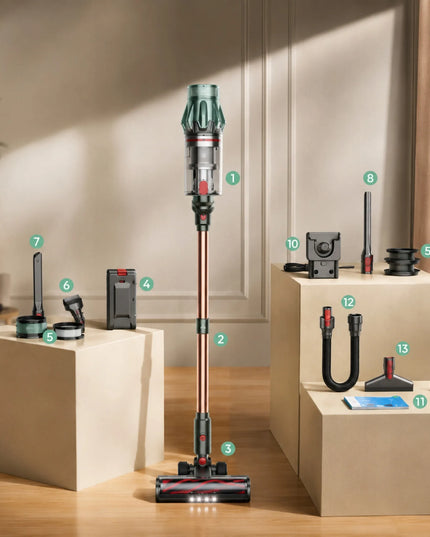Laresar V7 PRO galingas geltonos ir auksinės spalvos vertikalusis dulkių siurblys su priedais
