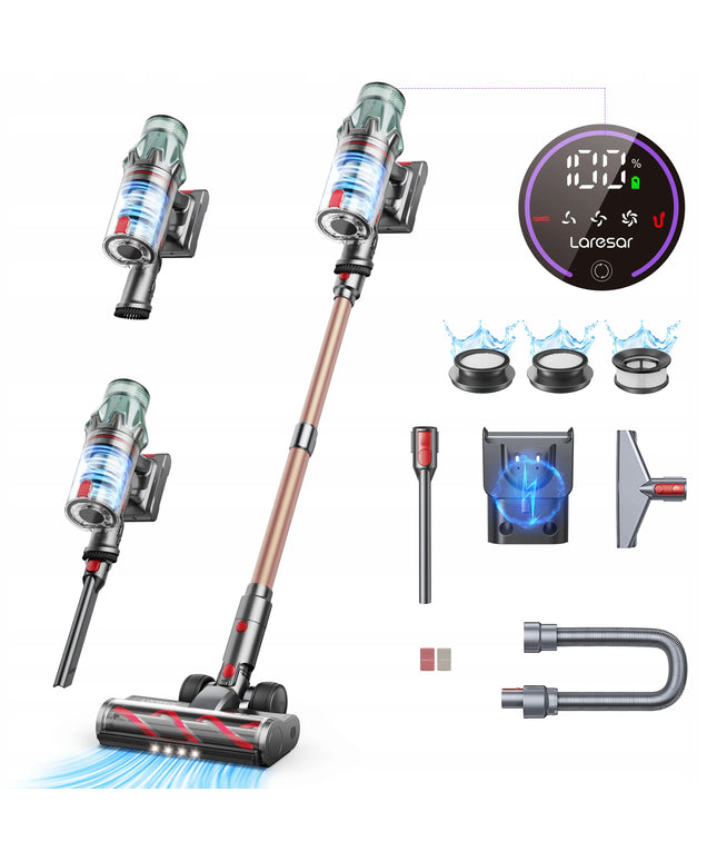 Laresar V7 PRO galingas geltonos ir auksinės spalvos vertikalusis dulkių siurblys su priedais