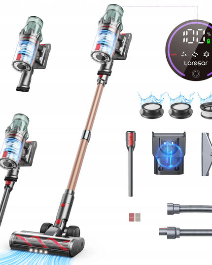 Laresar V7 PRO galingas geltonos ir auksinės spalvos vertikalusis dulkių siurblys su priedais