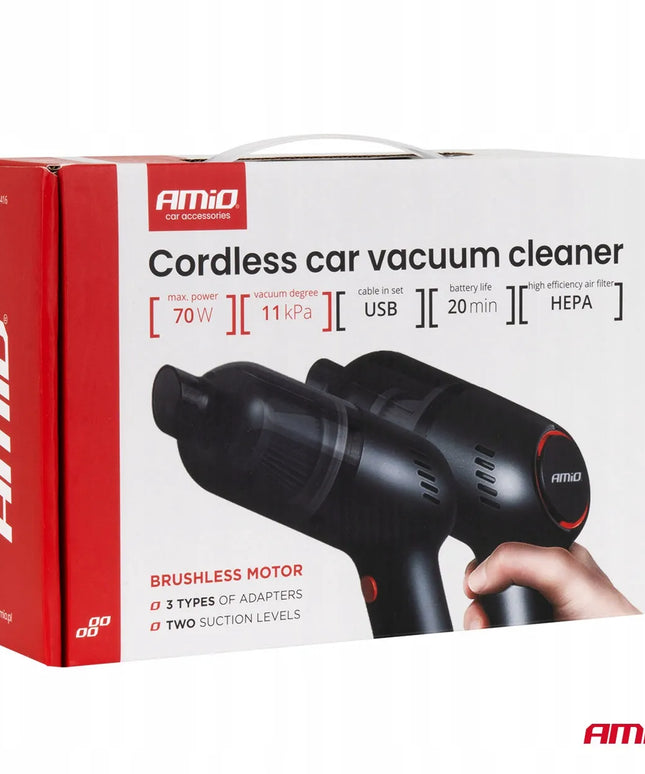 Belaidis bešepetėlinis automobilinis dulkių siurblys AMIO-04416, 70 W, 11 kPa, su HEPA filtru