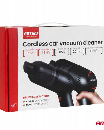Belaidis bešepetėlinis automobilinis dulkių siurblys AMIO-04416, 70 W, 11 kPa, su HEPA filtru