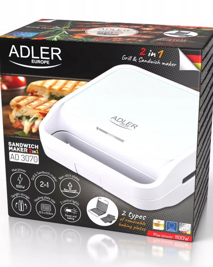 Sumuštinių keptuvė 2-in-1, elektrinis grilis, skrudintuvas, kriauklės formos Adler AD 3070 w, 1100W