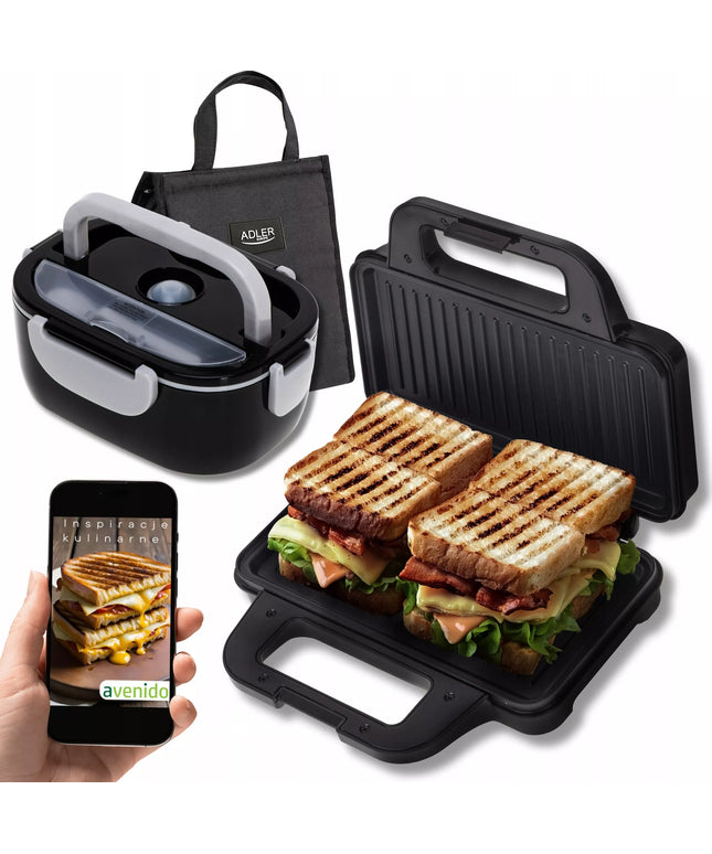 Sumuštinių keptuvė „Panini“ grilis 1400 W + elektrinė pietų dėžutė