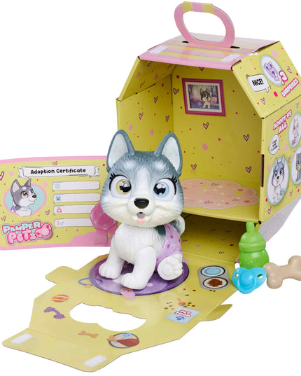 PAMPER PETZ interaktyvus haskių šuniukas iš sauskelnių gaujos, 20 cm + priedai