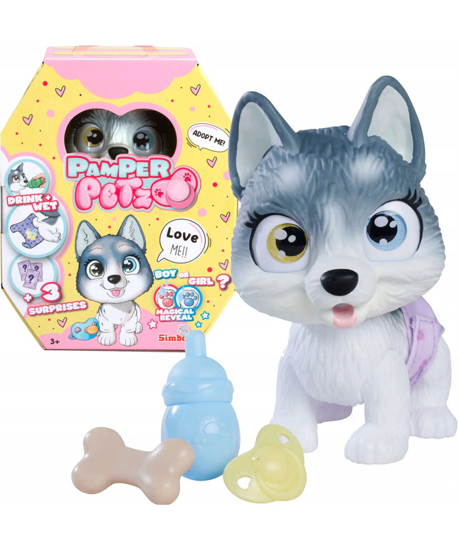 PAMPER PETZ interaktyvus haskių šuniukas iš sauskelnių gaujos, 20 cm + priedai