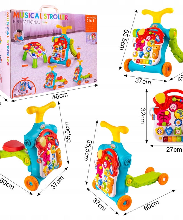 Interaktyvus stumdukas-vaikštynė, paspiriamasis žaislas, paspirtukas, pianinas su paneliu 5 IN 1