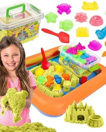 „Lewer“ kinetinis smėlis, 3 kg, XXL rinkinys su pripučiamu baseinėliu ir formelėmis