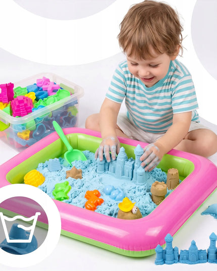 RETOO mėlyno kinetinio smėlio rinkinys, 3 kg, su formelėmis, pripučiamu baseinėliu, kastuvėliu ir dėže