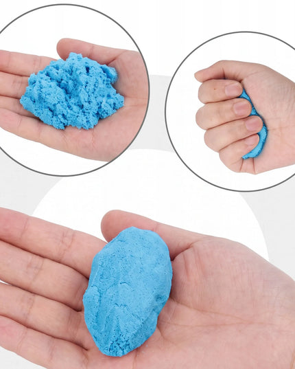 RETOO mėlyno kinetinio smėlio rinkinys, 3 kg, su formelėmis, pripučiamu baseinėliu, kastuvėliu ir dėže