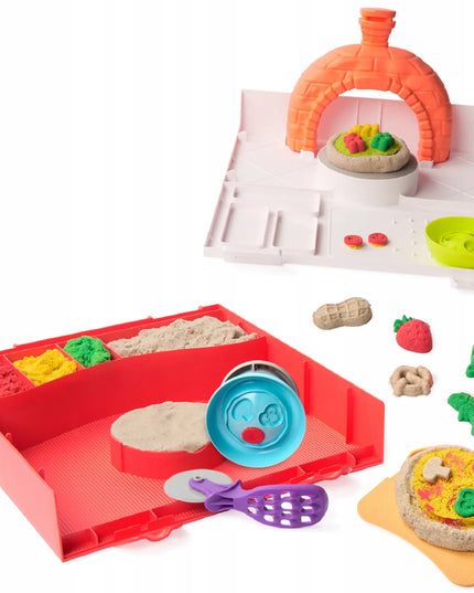 KINETINIS SMĖLIS „SQUISHPIZZA“ – AUGANTI PICA, KŪRYBINIS RINKINYS, 450 G