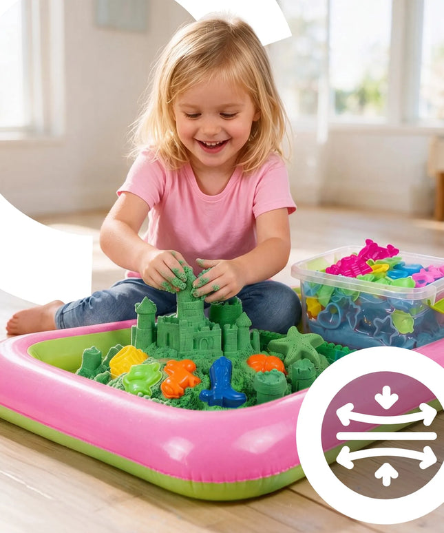 RETOO žalias kinetinis smėlis, 3 kg, formelės, baseinėlis, kastuvėlis ir dėklas