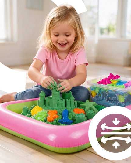 RETOO žalias kinetinis smėlis, 3 kg, formelės, baseinėlis, kastuvėlis ir dėklas