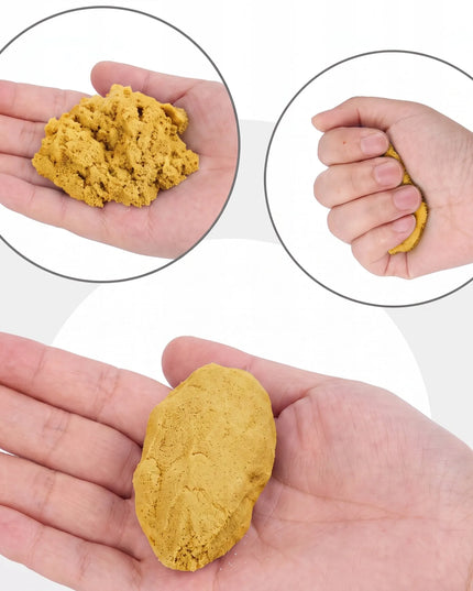RETOO geltonas kinetinis smėlis, 3 kg, formelės, pripučiamas kilimėlis, kastuvėlis ir dėžutė