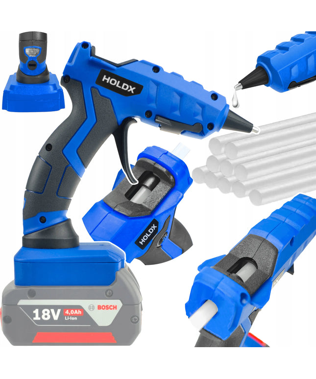 Akumuliatorinis karštų klijų pistoletas suderinamas su Bosch 18V baterijomis + klijai dovanų