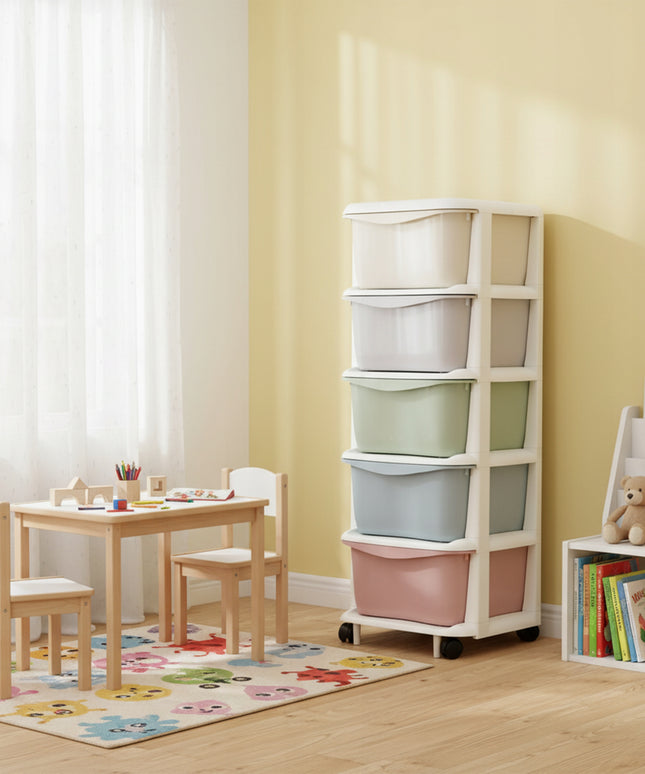 Didelis plastikinis laikymo/lentynų/stalčių/krepšys žaislams su 5 lentynomis ant ratukų