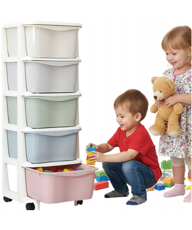 Didelis plastikinis laikymo/lentynų/stalčių/krepšys žaislams su 5 lentynomis ant ratukų