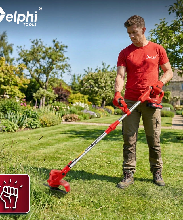 Akumuliatorinė žoliapjovė Delphi Tools, elektrinis trimeris su 2 akumuliatoriais