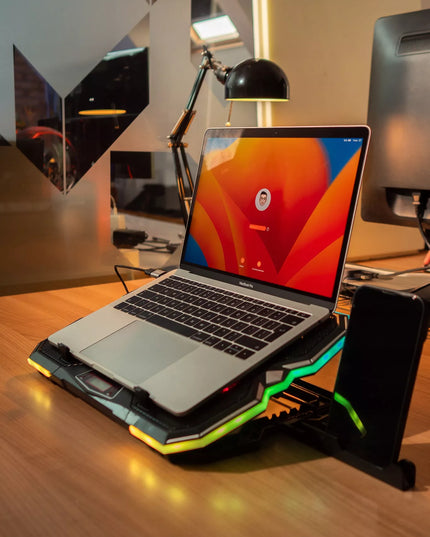 Reguliuojamas aušinimo stovas 9-17'' LED RGB 2x USB nešiojamajam kompiuteriui