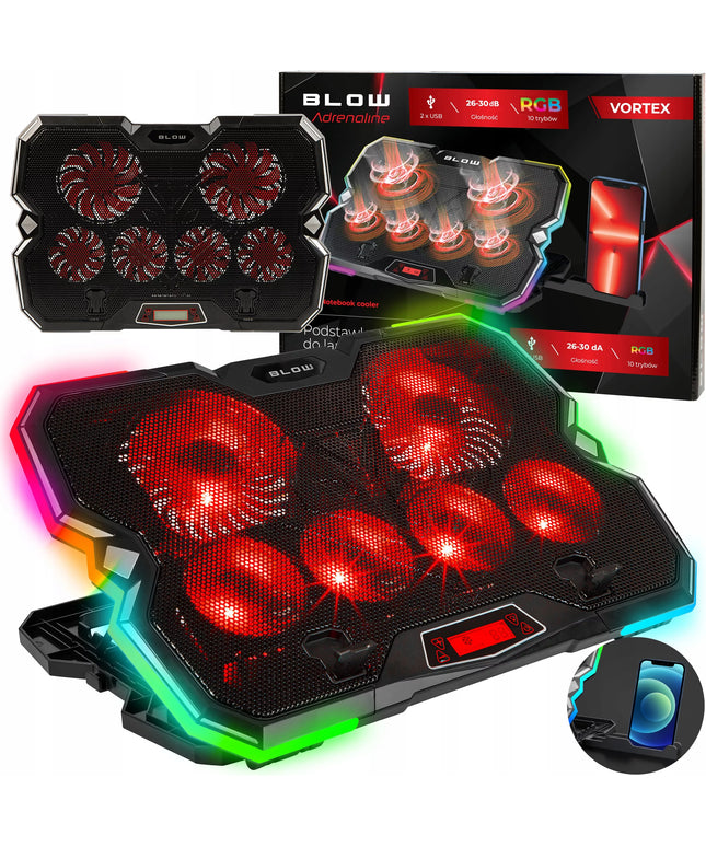 Reguliuojamas aušinimo stovas 9-17'' LED RGB 2x USB nešiojamajam kompiuteriui