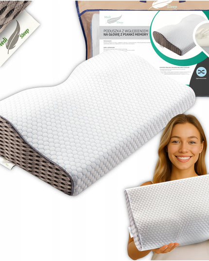 Ortopedinė pagalvė šoniniam ir pilvo miegui, profiliuota iš memory putų.