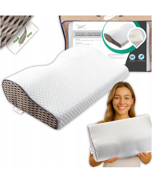 Ortopedinė pagalvė šoniniam ir pilvo miegui, profiliuota iš memory putų.