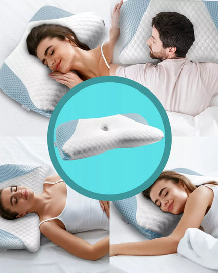 DIDELĖ ORTOPEDINĖ PAGALVĖ MIEGOJIMUI ANT ŠONO SU ATMINTIES PUTOMIS IR PROFILIAVIMU