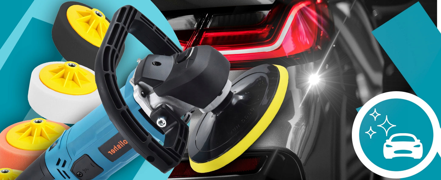 Galingas automobilinis poliruoklis/šlifuoklis su reguliuojamais apsukais ir kempinių rinkiniu, 2900W