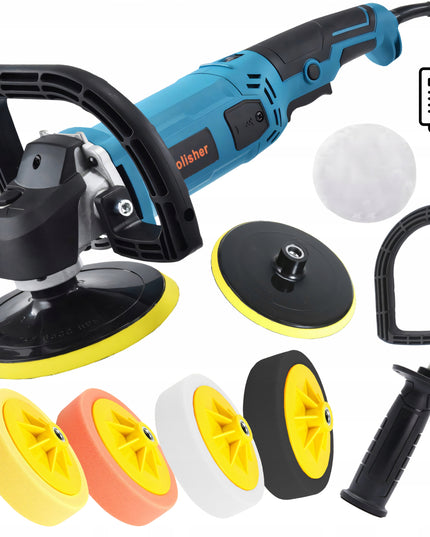 Galingas automobilinis poliruoklis/šlifuoklis su reguliuojamais apsukais ir kempinių rinkiniu, 2900W