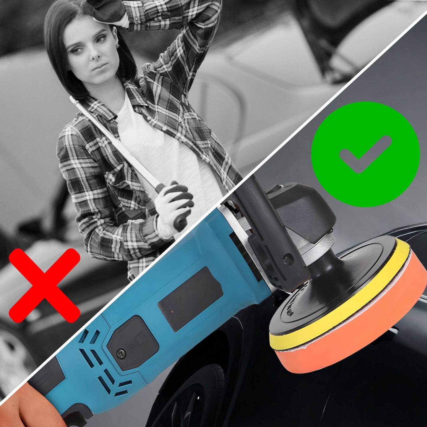 Galingas automobilinis poliruoklis/šlifuoklis su reguliuojamais apsukais ir kempinių rinkiniu, 2900W